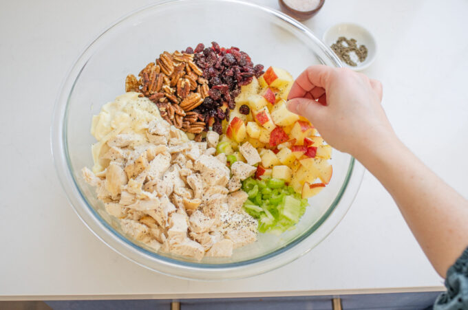 Seasoning the pecan cranberry chicken salad.