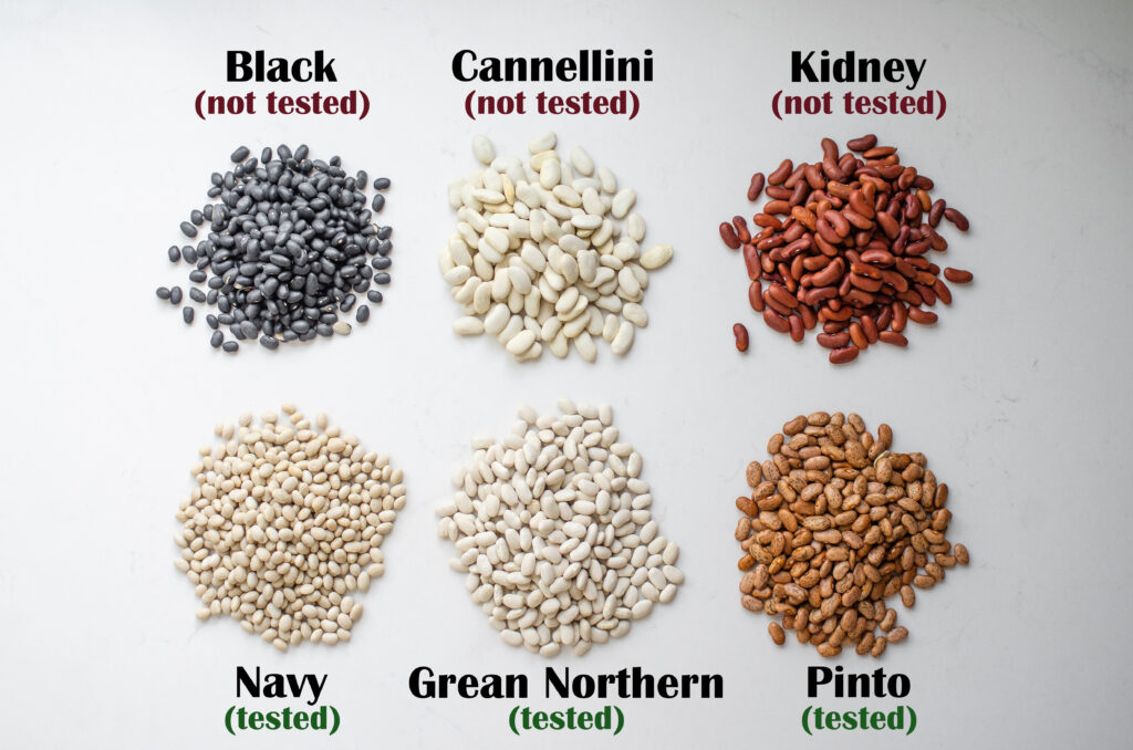 Different types of dried beans that can be cooked in the Instant Pot laid out on a white countertop with text labels. 