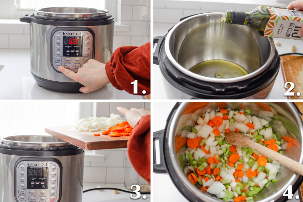 The first 4 steps for making ham and bean soup in the Instant Pot.