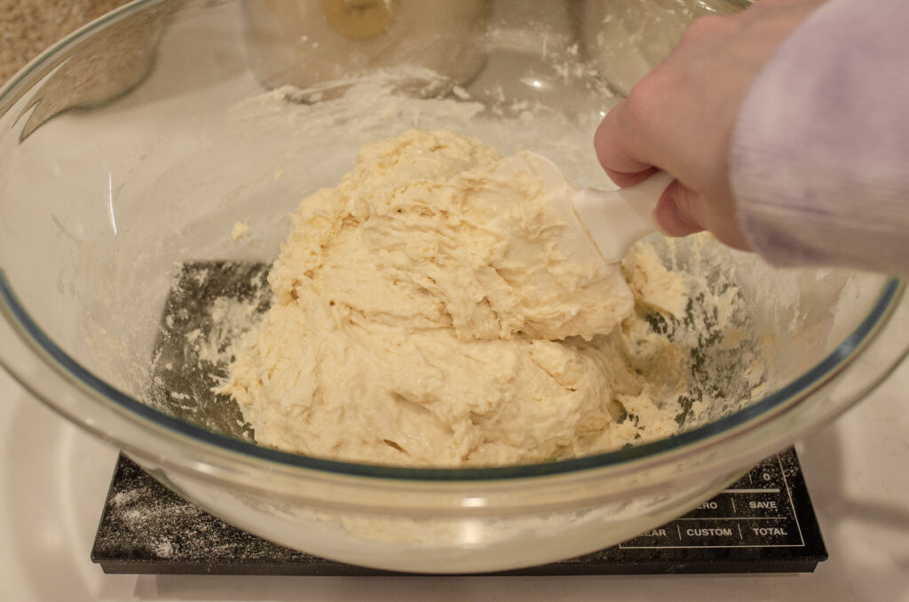 Adding the flour to make a shaggy dough.