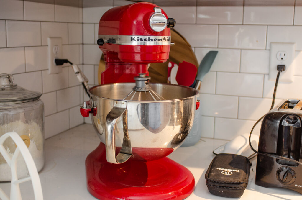 Mixing together the sourdough coffee cake batter in a stand mixer.