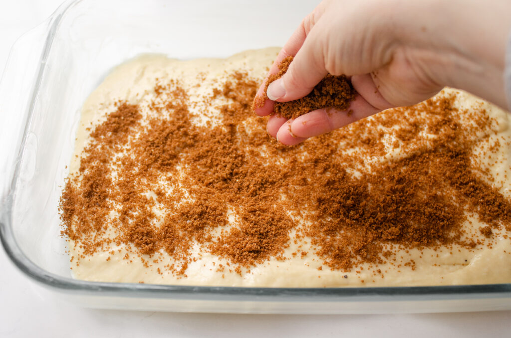 Sprinkling half of the cinnamon sugar mixture over the batter in the pan.
