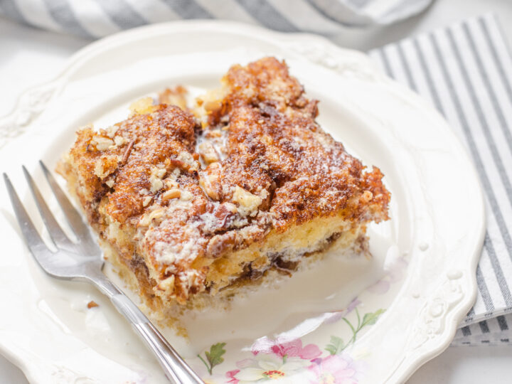 Close up shot of a slice of sourdough coffee cake.