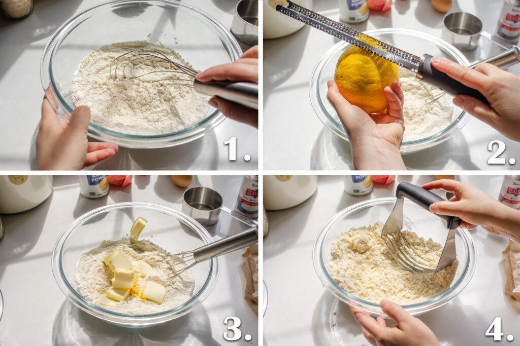 A photo collage of the step needed to mix together the dry ingredients and cut in the butter.