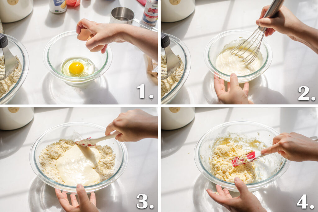 Mixing together the wet ingredients for the lemon scones and adding it to the butter mixture.