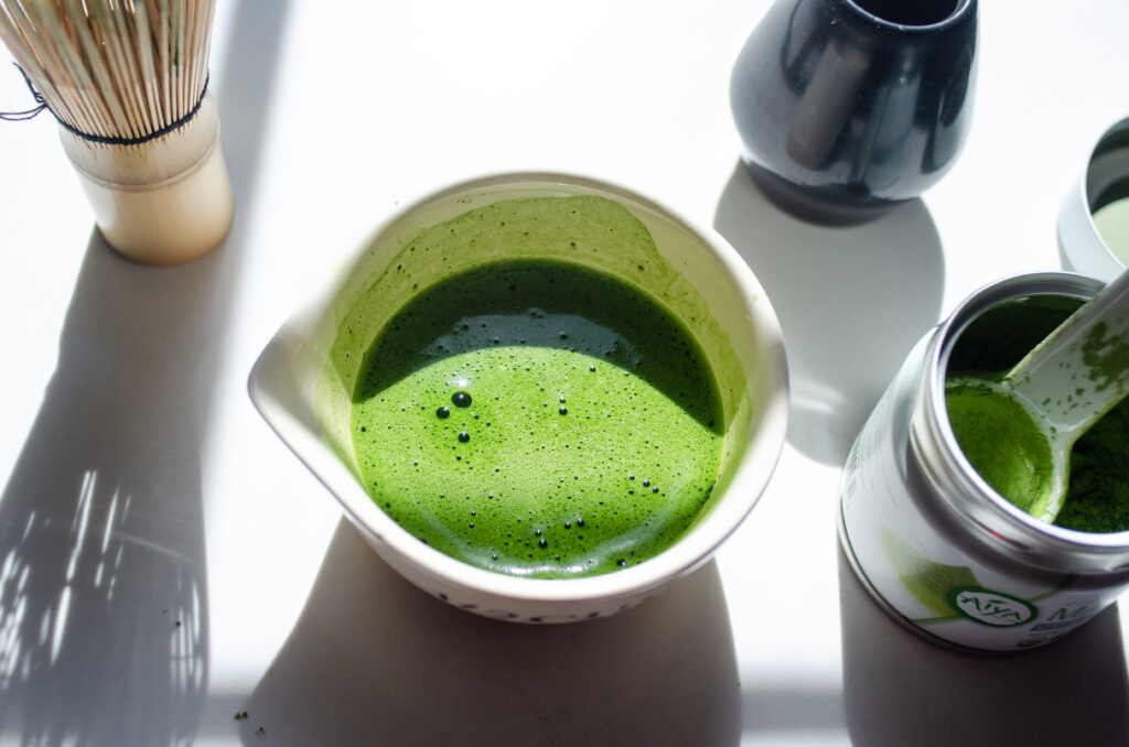 A bowl of whisked matcha.