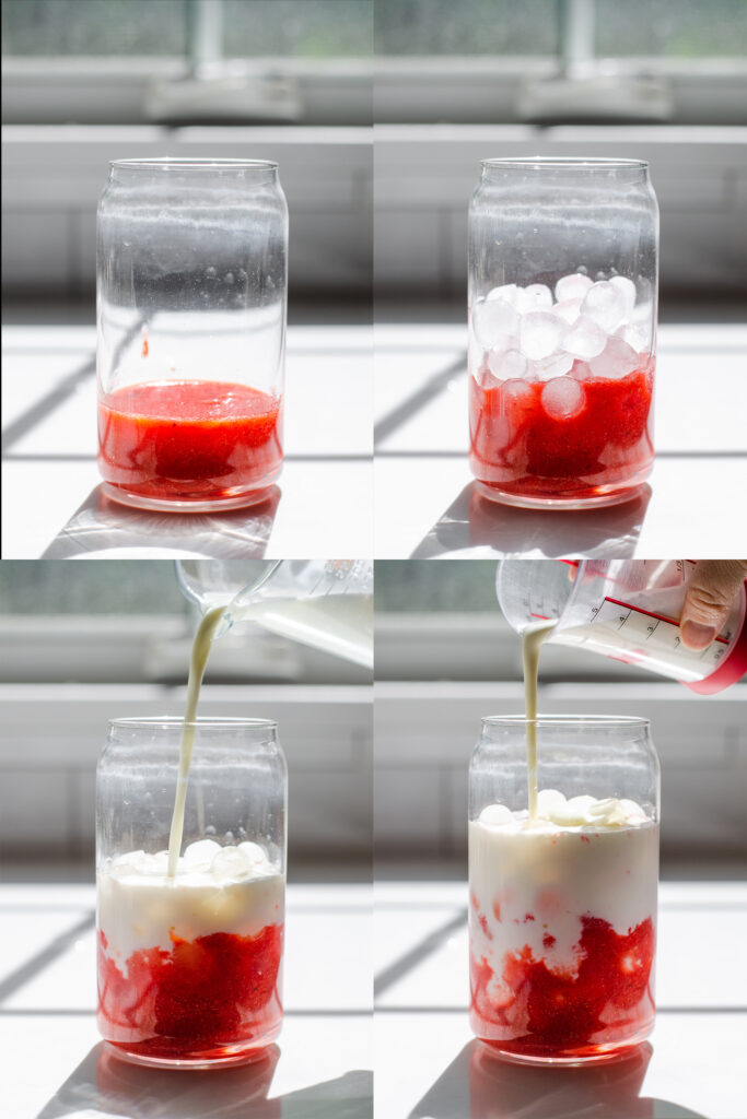 Collage photo of how to put together a strawberry matcha latte.