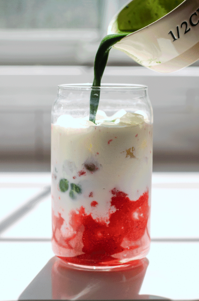 Gif of pouring matcha into milk to make a strawberry matcha latte.