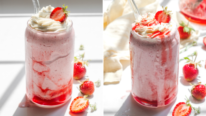 A diptych showing a strawberry milkshake made without milk.