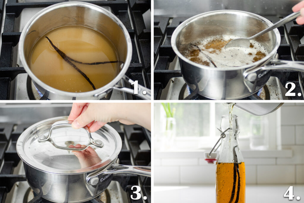 Step by step photos of making vanilla syrup for coffee and pouring it into a bottle.