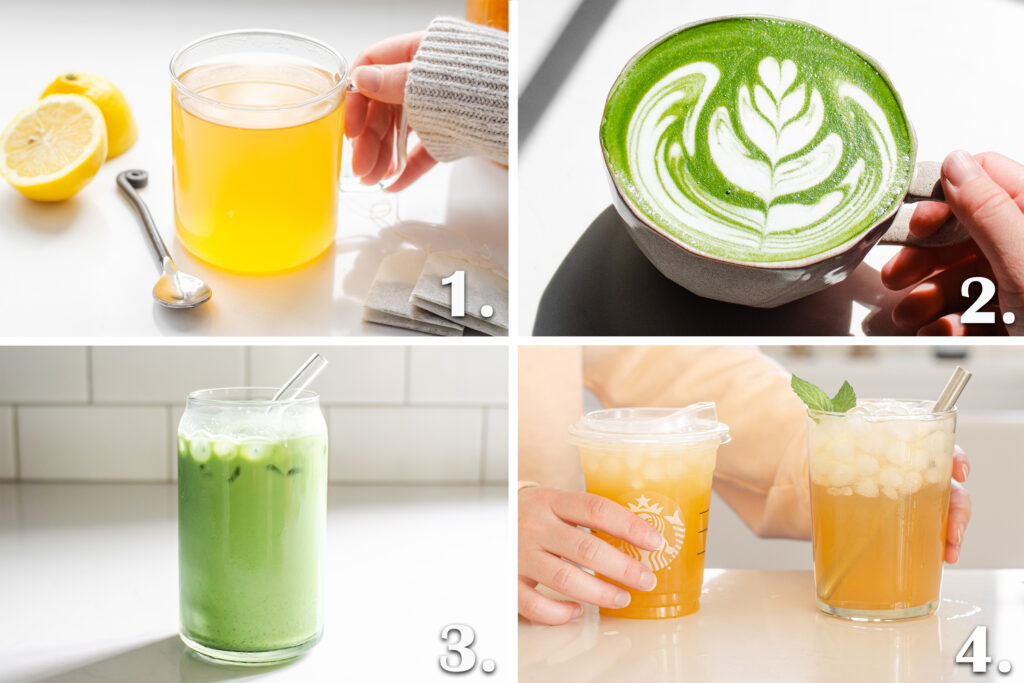 A photo collage of different Starbucks green tea recipes, including matcha.