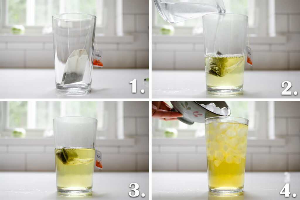 A photo collage showing the steps needed to make a Starbucks iced green tea drink.