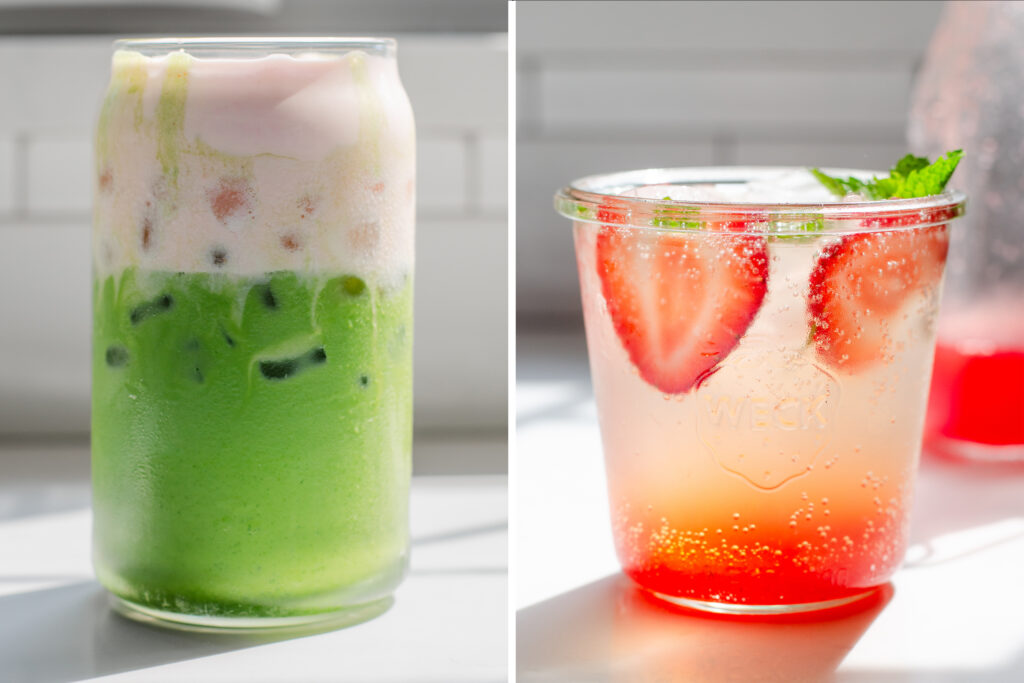 A diptych of an iced matcha latte with strawberry sweet cream and a strawberry mojito mocktail.