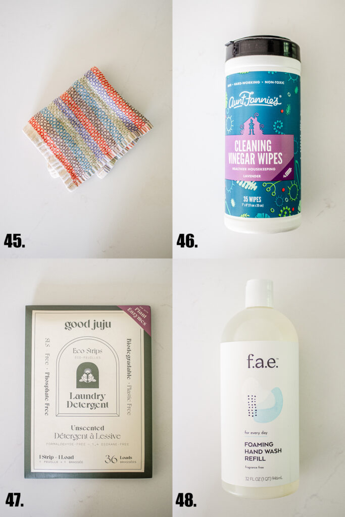 A dish cloth, vinegar cleaning wipes, laundry detergent sheets, and hand soap concentrate.