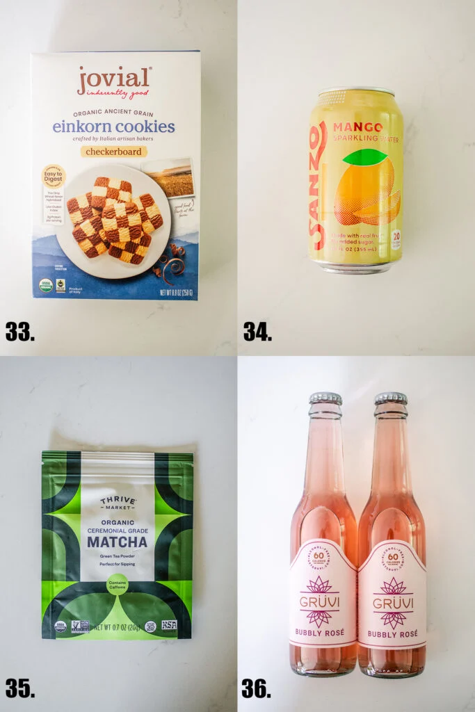 Jovial checkerboard einkorn cookies, mango sparkling water, Thrive Market ceremonial grade matcha powder, and Gruvi. 