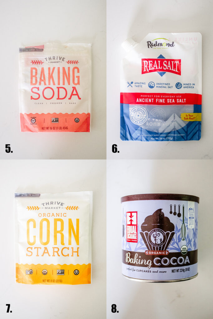 Thrive market baking soda, Redmond sea salt, Thrive market cornstarch, and Equal Exchange cocoa powder.