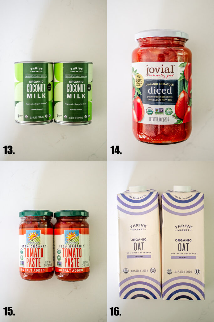 Thrive market brand coconut milk, Jovial diced tomatoes, tomato paste in glass bottles, and Thrive Market oat milk.