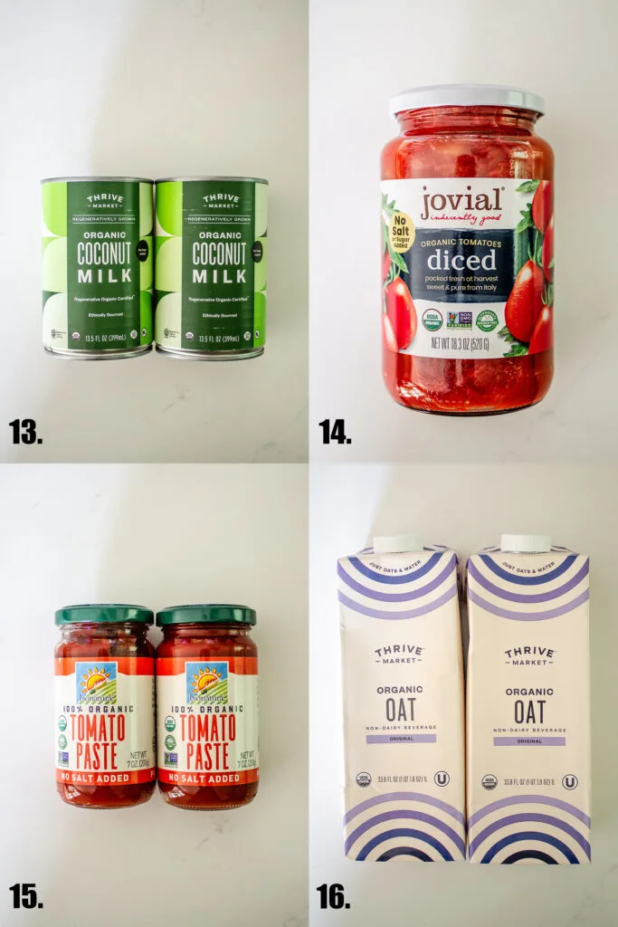 Thrive market brand coconut milk, Jovial diced tomatoes, tomato paste in glass bottles, and Thrive Market oat milk.