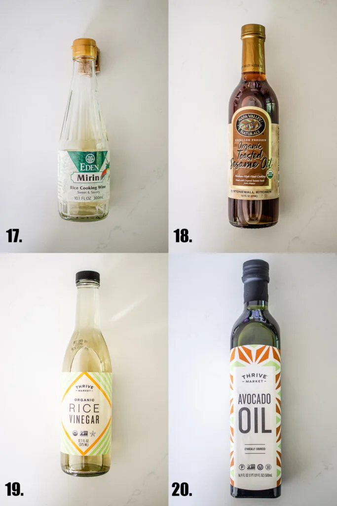 Rice vinegar, toasted sesame oil, mirin, and Thrive Market avocado oil.