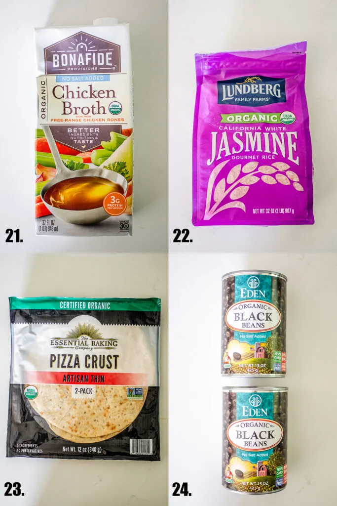 Chicken broth, white rice, premade pizza crusts, and canned black beans.