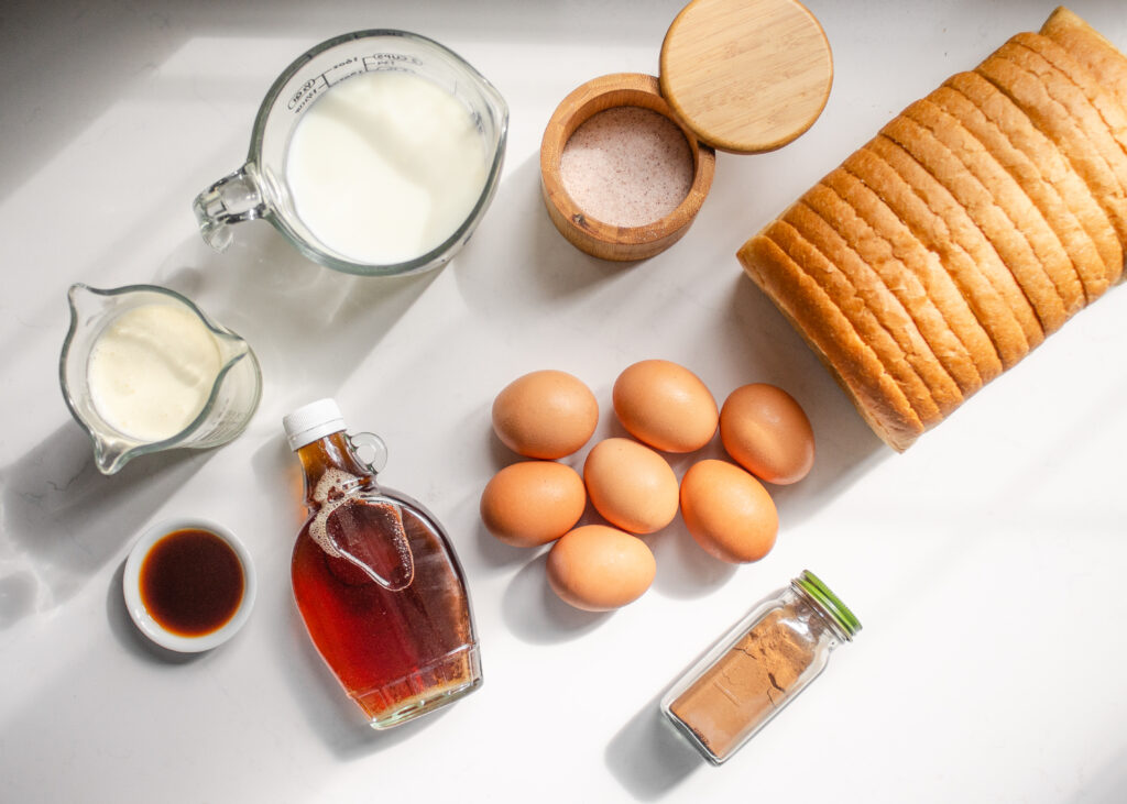 All of the ingredients needed for the custard base of the French toast casserole. 