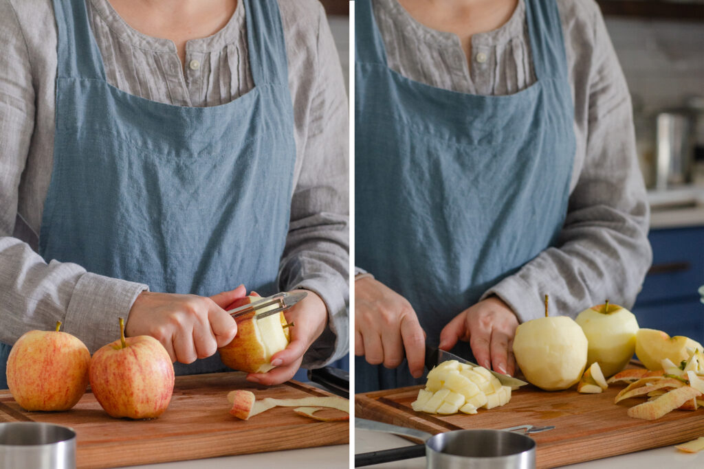 Peeling and slicing apples to make a French toast casserole. 