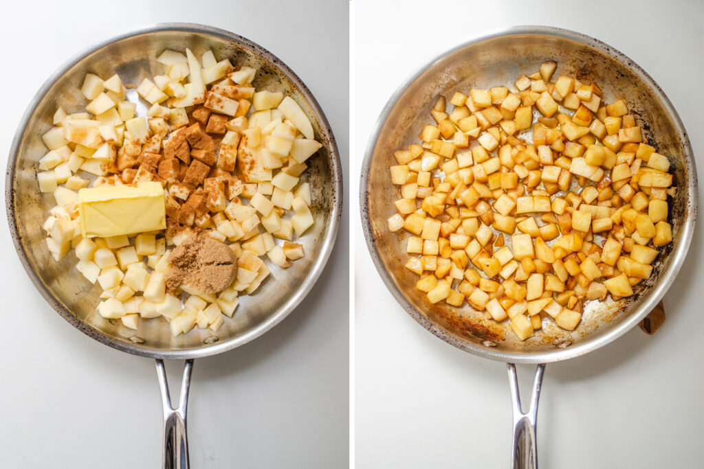 A photo collage of the apples before and after they're cooked.