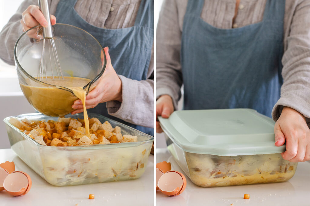 Pouring the custard over the bread and apples in the pan and covering with a lid.