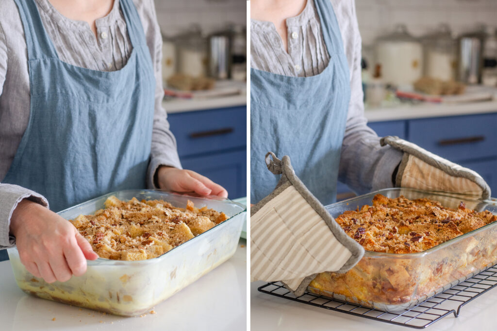 Before and after baking the French toast casserole with hands holding the pan.