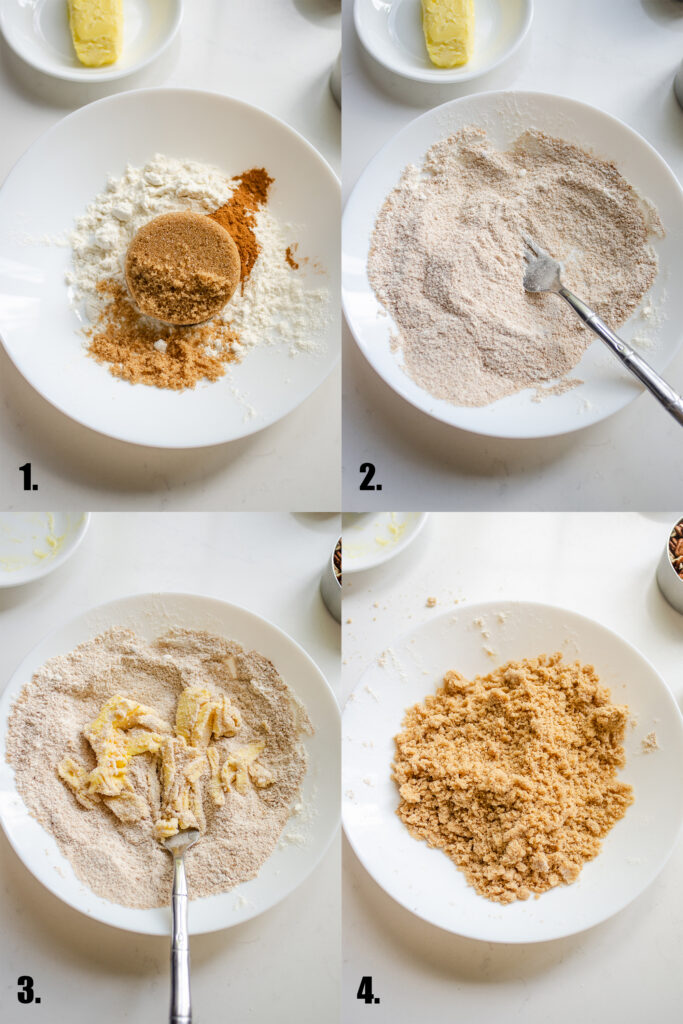 A photo collage of mixing together the ingredients for the streusel topping.
