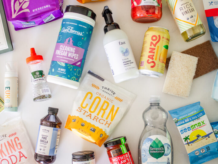 Some of the best Thrive Market products laid out on a white countertop.