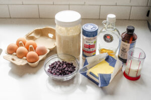 All of the ingredients needed to make Sourdough Dutch Baby or German Pancake.