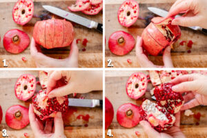 Step-by-step photos for how to peel a pomegranate.