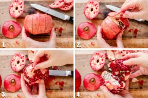 Step-by-step photos for how to peel a pomegranate.