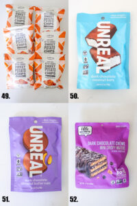 Sweet potato chip snack bags, chocolate coconut candy bars, almond butter chocolate cups, and chocolate wafer candy.