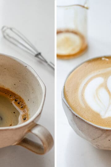 A diptych of a mug with instant coffee espresso next to a photo of a latte made with that instant espresso.