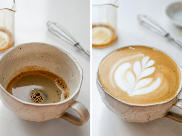 A diptych of a mug with instant coffee espresso next to a photo of a latte made with that instant espresso.