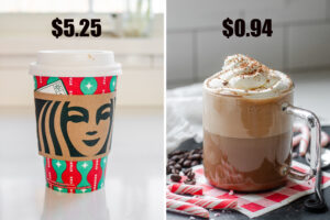 A diptych showing the Starbucks peppermint mocha on the left and my homemade version on the right.