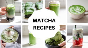 A photo collage of different matcha recipes.