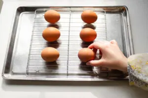 Placing whole brown eggs on a wire rack on top of a baking sheet.