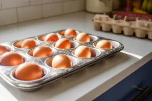 A muffin tin filled with whole eggs on a sunny countertop.