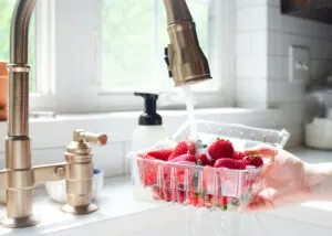Washing a quart of strawberries.
