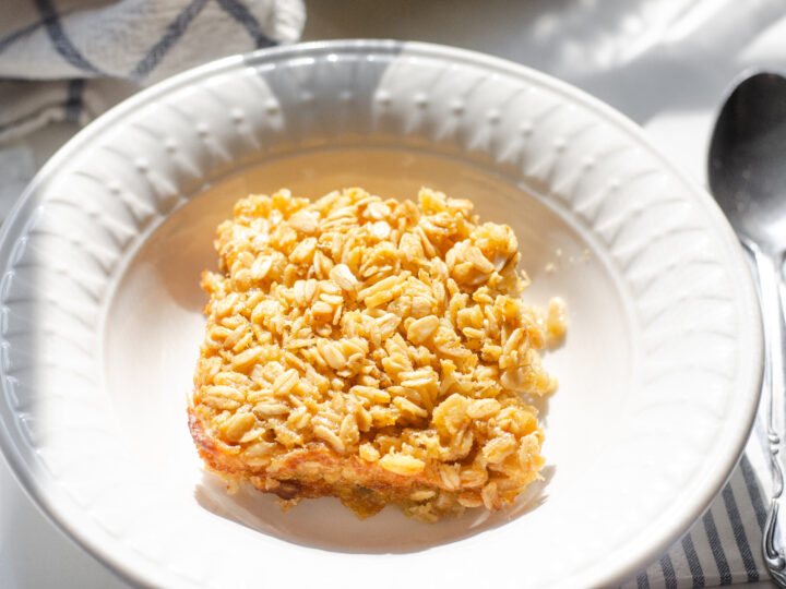 A simple bowl of baked oatmeal.