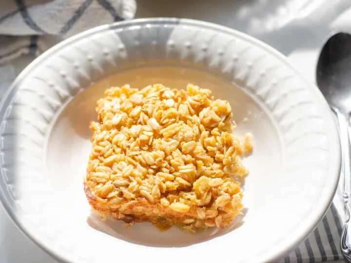 A simple bowl of baked oatmeal.