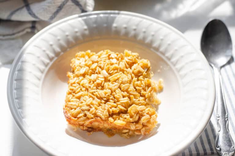 A simple bowl of baked oatmeal.