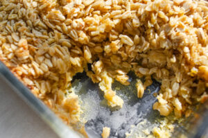A close up shot of the baked oatmeal to show the texture. 