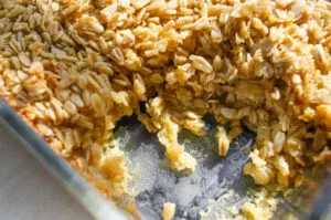 A close up shot of the baked oatmeal to show the texture. 
