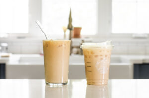 A side-by-side comparison of a homemade iced vanilla latte vs the Starbucks version.