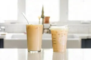 A side-by-side comparison of a homemade iced vanilla latte vs the Starbucks version.