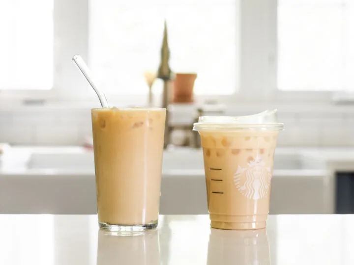 A side-by-side comparison of a homemade iced vanilla latte vs the Starbucks version.